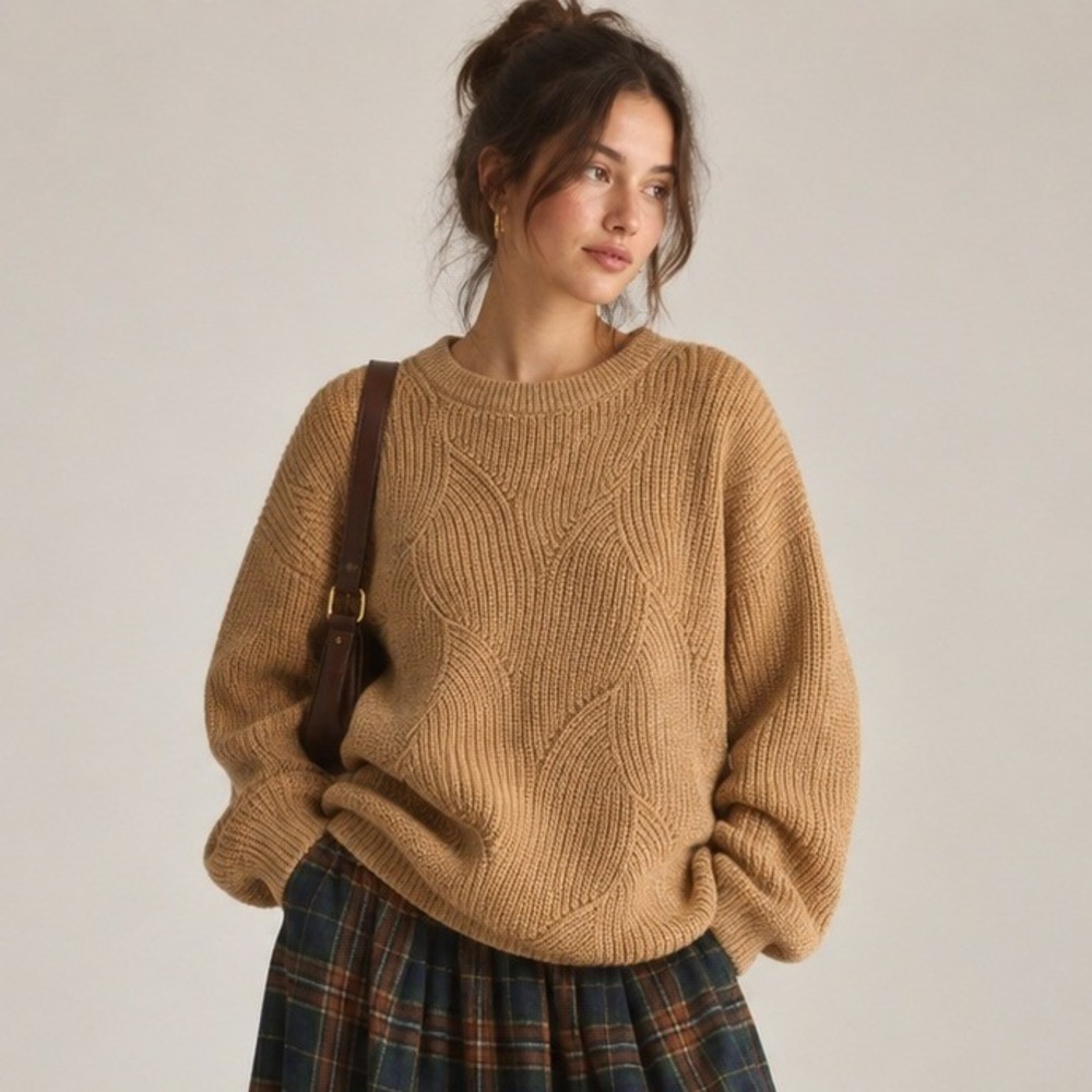 J.Jill Oversized Boxy Sweater Women M Academia Camel Tan Neutral Textured Knit